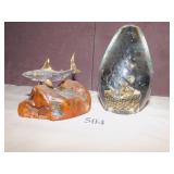 PAPER WEIGHT AND GLASS SHARK ON PIECE OF WOOD