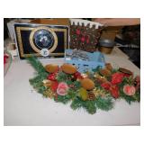 WOOD BOX, TINS, CANDLE CENTER PIECES