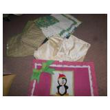 CLOTHES BASKET, ASSORTED DISHES, PENGUIN RUG,