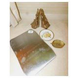 BRONZE FLOWER BOOKENDS, DECORATIVE METAL LEAF,