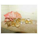 BUD VASES, HURRICANE WITH ARTIFICIAL FRUIT, ETC