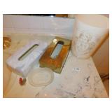 TWO TISSUE BOX COVERS, WASTE BIN, SOAP HOLDER,