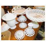 MILK GLASS CANDLE HOLDERS, MILK GLASS CANDY DISH
