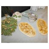 COVERED BASKET, TWO PLASTER FLOWER WALL HANGINGS,