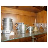 PEWTER CREAMER, SHOT POURER, GLASS CANDLE STICKS,