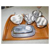 SMALL WOODEN/GLASS TRAY, BUTTER DISH, ETC.