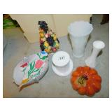 MILK GLASS VASE AND TOP HAT, CERAMIC FRUIT BUSH,