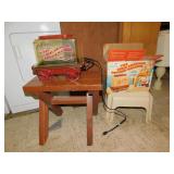 POPCORN POPPER, RED WOOD BENCH, PLASTIC STOOL
