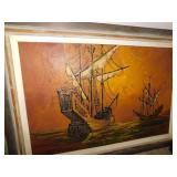 OIL ON CANVAS SHIPS IN THE OCEAN SCENE 44L 32H