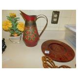 WOOD PLATE, TIN WATER PITCHER, BUTTERFLY FIGURES,