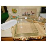 PYREX CASSEROLES, ROOSTER PLAQUE, LENOX FRUIT