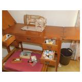 WHITE SEWING MACHINE IN CABINET, THREAD, BOBBINS,