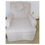 TAN UPHOLSTERED CHAIR WITH ARM PROTECTORS, VERY