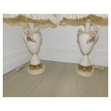 PAIR LAMPS, FRINGE SHADES, PORCELAIN FLORAL