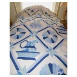 QUEEN SIZE QUILT BLUE WITH WATER PITCHER & FLOWER