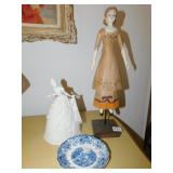 WOODEN DOLL FIGURINE, CERAMIC DOLL, PLATE MILL