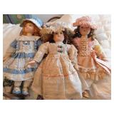 3 PORCELAIN DOLLS, 2 HAVE STANDS, APPROX. 23"