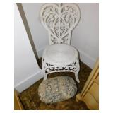 WICKER CHAIR, FABRIC COVERED FOOT STOOL