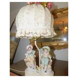 FIGURAL LAMP WITH LADY & MAN, LACE SHADE