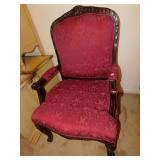 VINTAGE ARMCHAIR, RED UPHOLSTERY, 47" H X 26" W