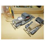 SHIP IN BOTTLE, 2 PLASTIC MODEL CARS