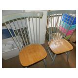 TWO PAINTED TALL SPINDLE BACK NATURAL WOOD SEAT