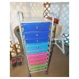 ROLLING STORAGE RACK WITH COLORED PLASTIC TRAYS