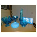 BLUE GLASS VASE, PEDESTAL DISH