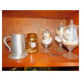 SEASHELLS AND THREE GLASS LIDDED CANDY DISHES,