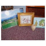 THREE PICTURES ONE PAINTED ON WOOD, STONE VASE 7"