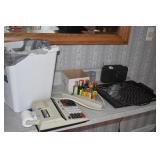 ADDING MACHINE, TWO SMALL TRASH CANS, GE RADIO,