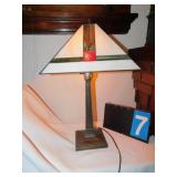 MISSION STYLE FOUR PANEL-STAINED GLASS LAMP; H: