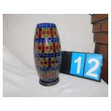 MULTI-COLORED GLASS PANEL VASE; WOOD BASE; H:12"