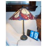 MODERN STAINED-GLASS LAMP; IRON HOOK & RINGS ON