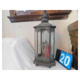 LANTERN WITH LEADED GLASS; CANDLE HOLDER INSIDE;