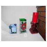 LEADED GLASS CANDLE STANDS WITH TEA LIGHTS; RED