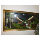 PAINTED NIGHT SCENE PICTURE WITH GOLD FRAME 18"H