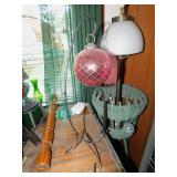 GLASS 2-TIERED SHELF WITH SMALL TRINKETS APPROX.