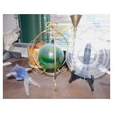 GREEN GLASS BALL ON STAND, PLANTER, PLATE ON