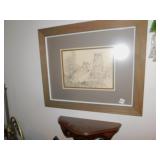 FRAMED OWL PICTURE AND SMALL SHELF