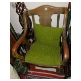 RETRO WOODEN CHAIR WITH GREEN PADDING AND PILLOW