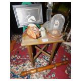 SMALL TABLE 16"H AND CANDLE HOLDER, AND OWLS,