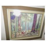 INTERIOR OF CLOCK, AND LARGE FRAMED WOODS PICTURE