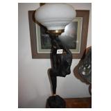 FIGURAL LAMP WITH GLASS SHADE 32"H LADY HOLDING