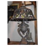 LEADED GLASS LAMP WITH COMPOSITION BASE 24"H