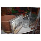 PICTURE OF CABIN, PLASTIC TRASH CAN, FLOWERS,