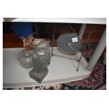 COMPOSITION OWL, GLASS FLOWER HOLDER, METAL CLOCK