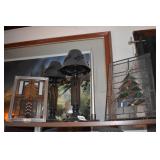 LEADED GLASS CHRISTMAS TREE, TWO CANDLE LAMPS AND