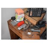 ASSORTED OFFICE SUPPLIES AND GLASSES, CALCULATOR,