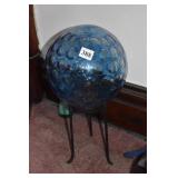 BLUE GAZING BALL AND BLACK METAL STAND